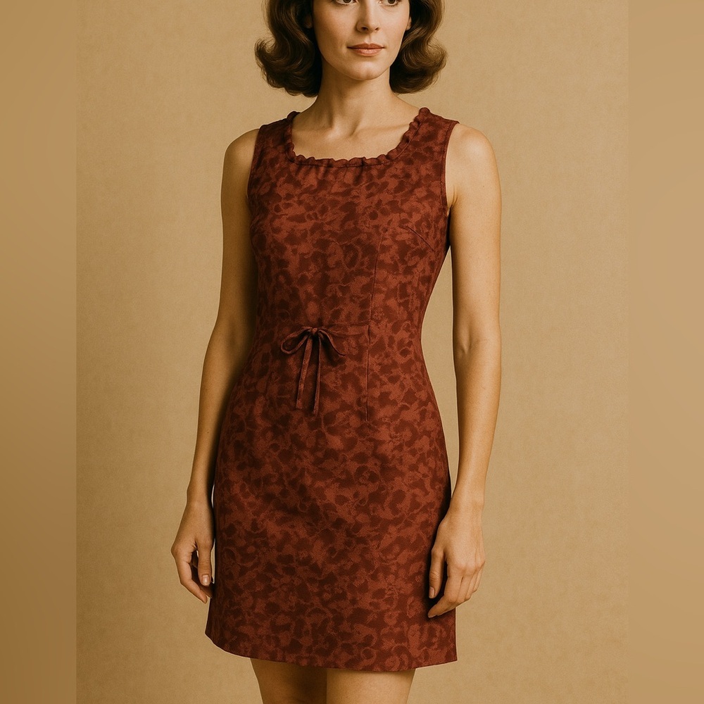 Vintage floral print sleeveless sheath dress with ruffle neck detail